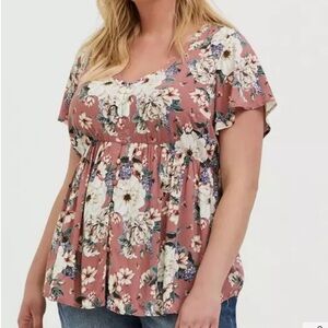 Torrid Babydoll Floral Challis Button-Front Flutter Sleeves Blouse V-neck